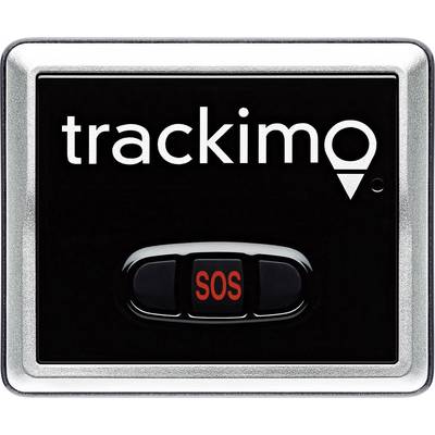 Ein schwarzer GPS-Tracker mit 'trackimo'-Logo und einer zentralen SOS-Taste.