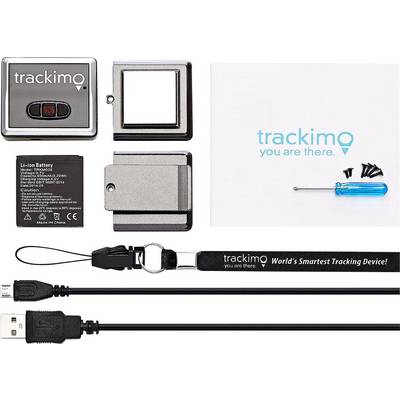 'Trackimo' GPS-Tracker-Set mit Gerät, Batterie, Abdeckung, Kabel, Anleitung und Schraubenzieher, zur Personen- oder Objektverfolgung.