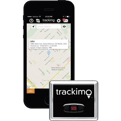 Ein Smartphone zeigt die App 'trackimo' mit einer Karte und Standortdetails; im Vordergrund ist das GPS-Gerät mit einem SOS-Knopf.