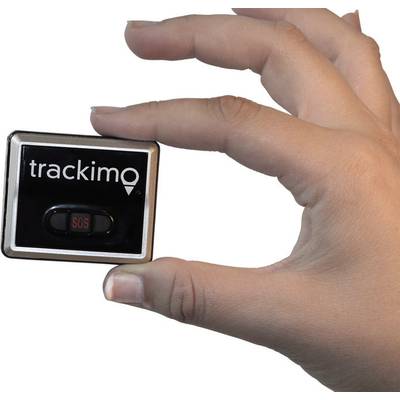 Eine Hand hält ein kleines quadratisches Gerät mit der Aufschrift 'trackimo' und einem Knopf mit 'SOS'.
