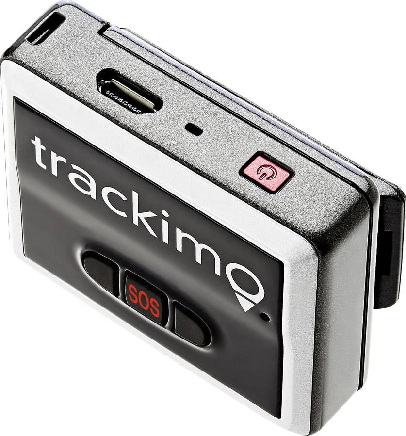 Ein rechteckiges GPS-Tracking-Gerät mit 'trackimo'-Logo, einem SOS-Knopf und einer Ein-/Aus-Taste.