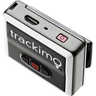 Ein rechteckiges GPS-Tracking-Gerät mit 'trackimo'-Logo, einem SOS-Knopf und einer Ein-/Aus-Taste.
