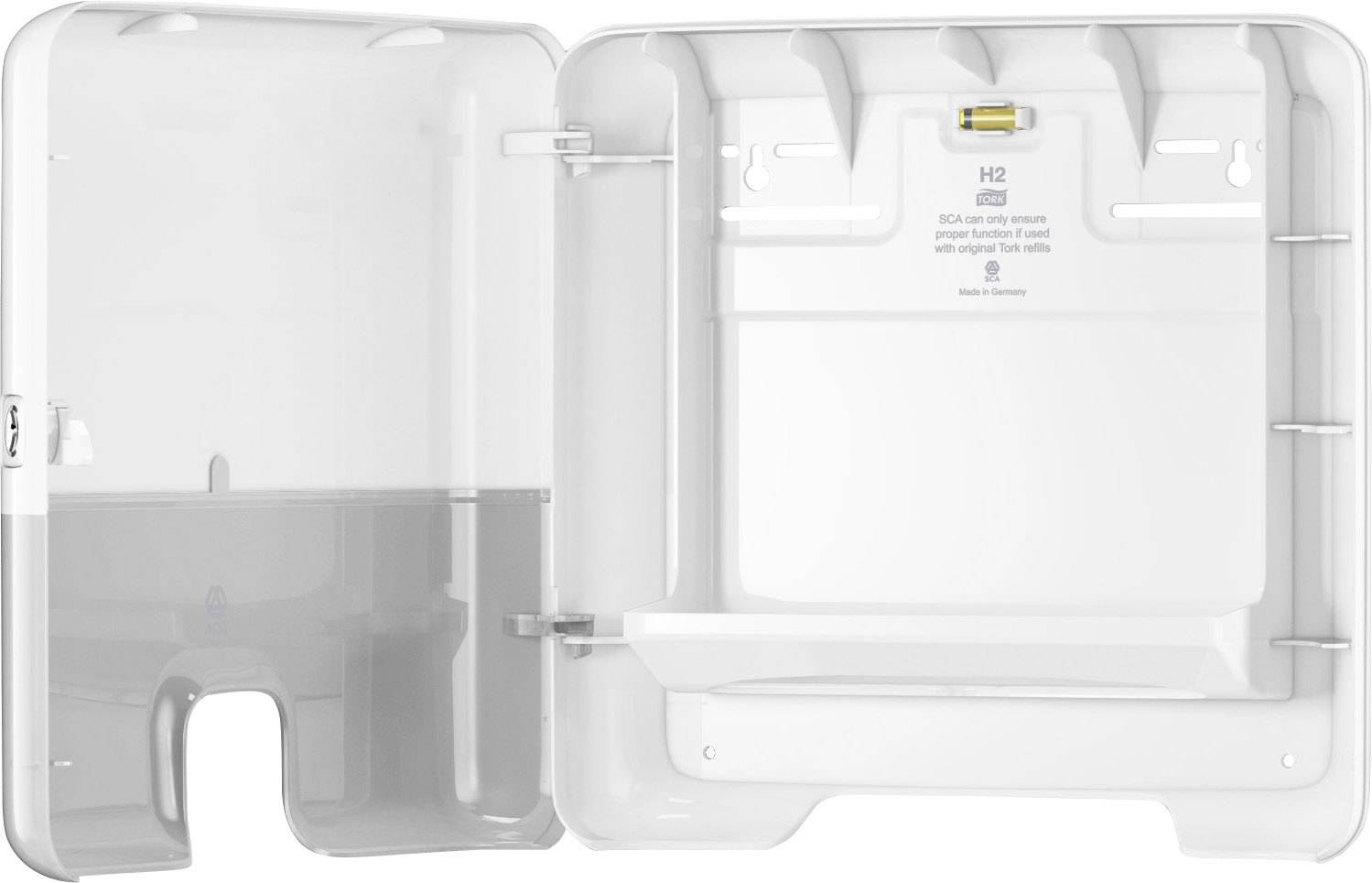 Geöffneter weißer Spender für Hygieneprodukte, montiert an einer Wand, mit einem leeren Innenfach.