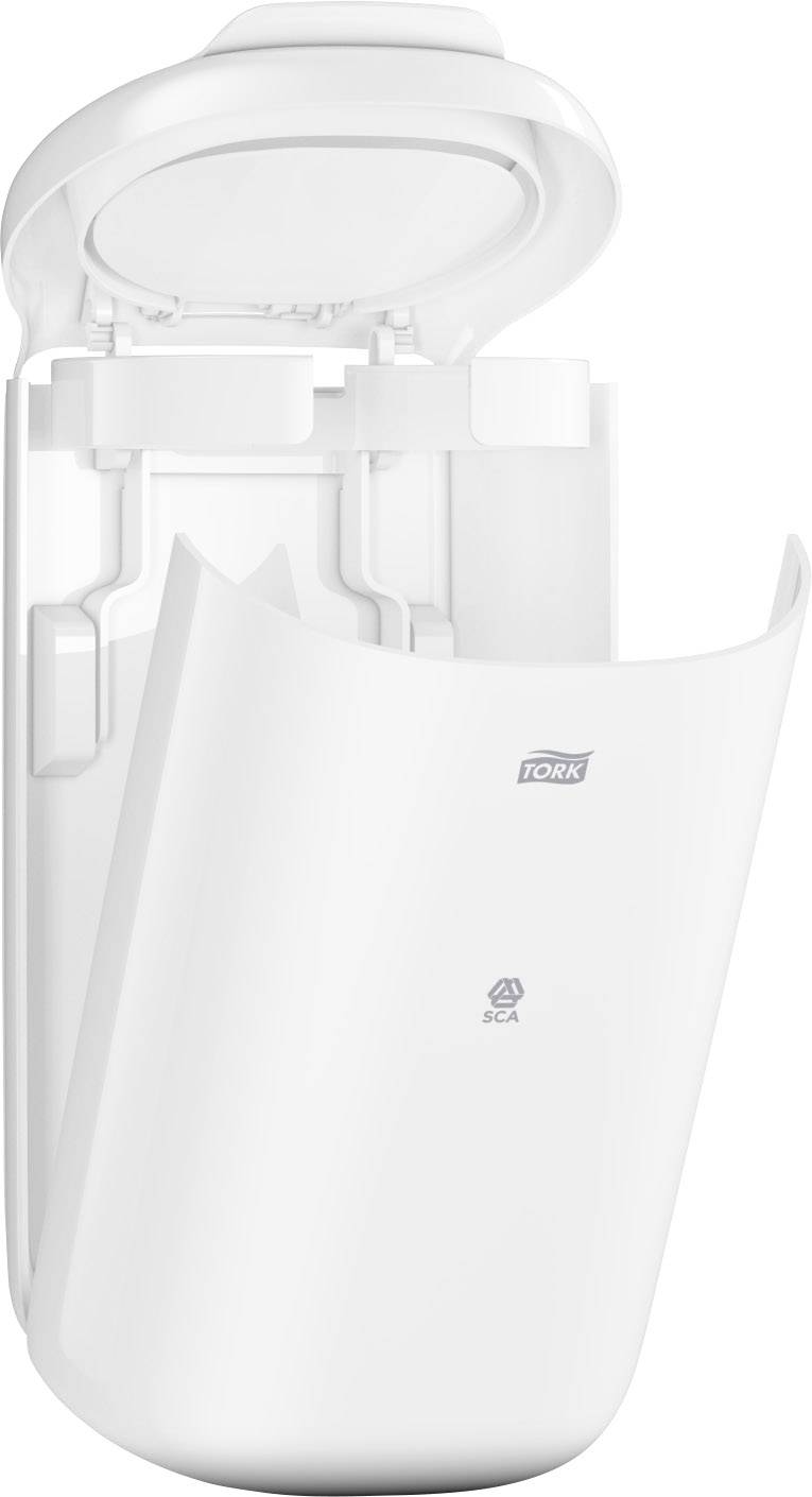 Weißer automatischer Händetrockner mit offenem Gebläse, markiert mit 'Tork' und einem Recycling-Symbol. Geeignet für öffentliche Toiletten.
