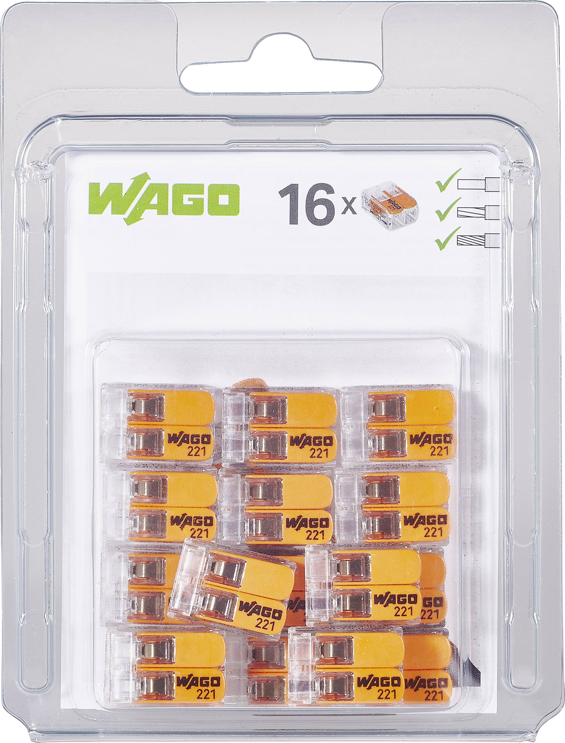 Packung mit 16 Wago 221 Verbindungsklemmen, transparent mit orangen Hebeln, ideal für elektrische Installationen.