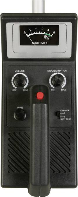 Handgerät mit Reglern für 'Volume', 'Discrimination' und 'Sensitivity', sowie einer Anzeige. Vermutlich ein Metalldetektor.