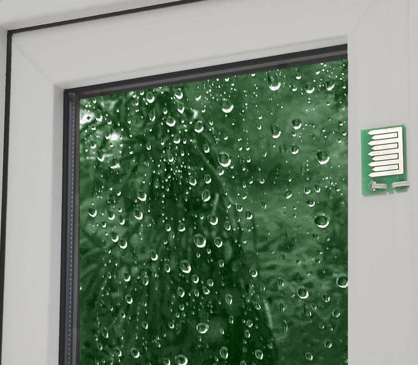 Ein graues Fenster mit Regentropfen auf der Glasscheibe, die nach draußen auf verschwommene grüne Bäume blicken lässt.
