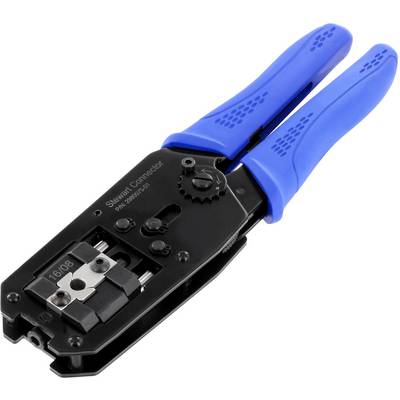 Eine schwarze Crimpzange mit blauen Griffen, verwendet zum Anschließen von Drähten an Steckverbinder.
