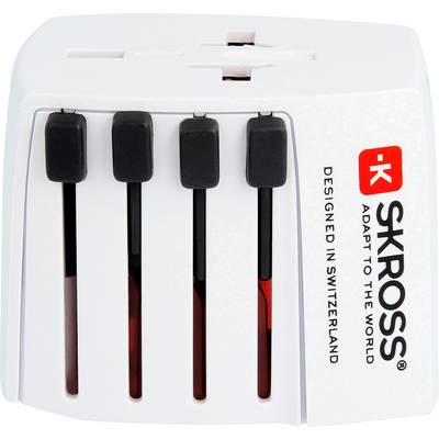 Reisesteckeradapter von SKROSS mit schwarzem und rotem Schieberegler, geeignet für verschiedene internationale Steckdosen.