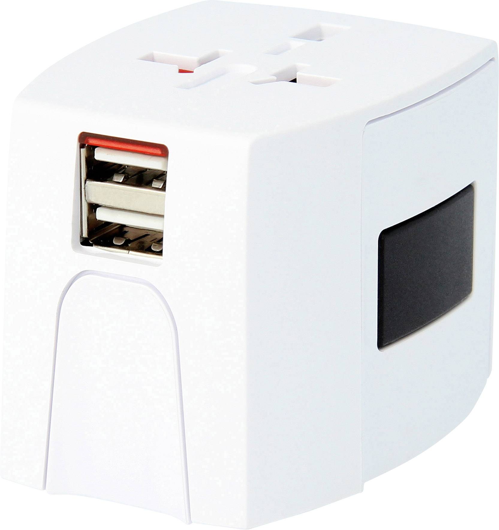 Ein weißer universeller Reiseadapter mit zwei USB-Ports und einem internationalen Steckdosenanschluss.