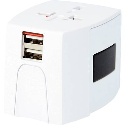 Ein weißer universeller Reiseadapter mit zwei USB-Ports und einem internationalen Steckdosenanschluss.
