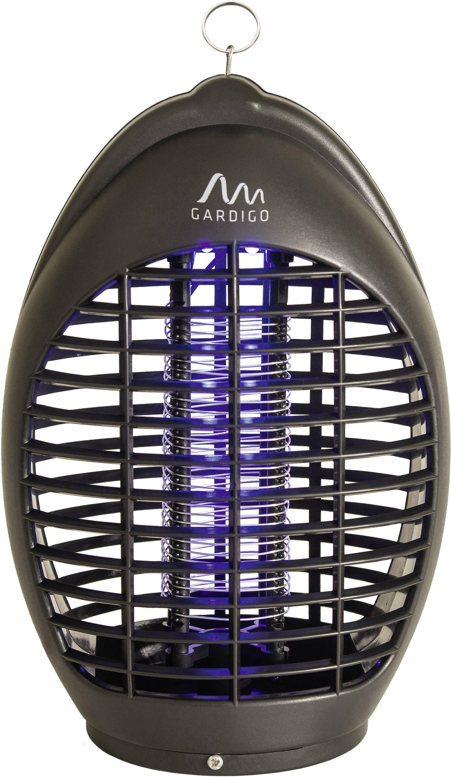 Elektrischer Insektenvernichter mit schwarzer Kunststoffhülle und blau leuchtendem UV-Licht, zum Schutz vor fliegenden Insekten.