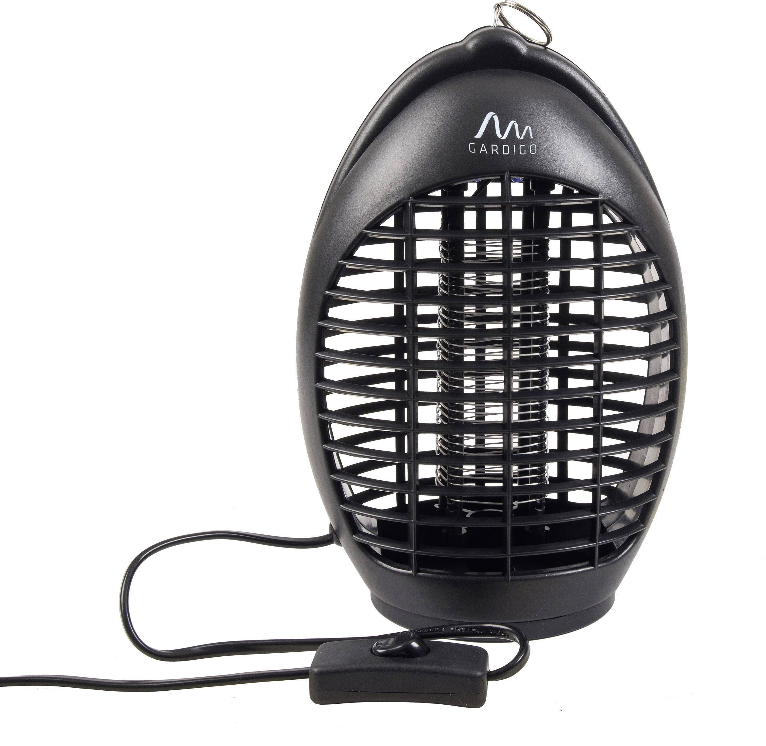 Ein schwarzer elektrischer Insektenvernichter mit Gitter und eingebautem Haken zur Aufhängung, geeignet für den Innenbereich.