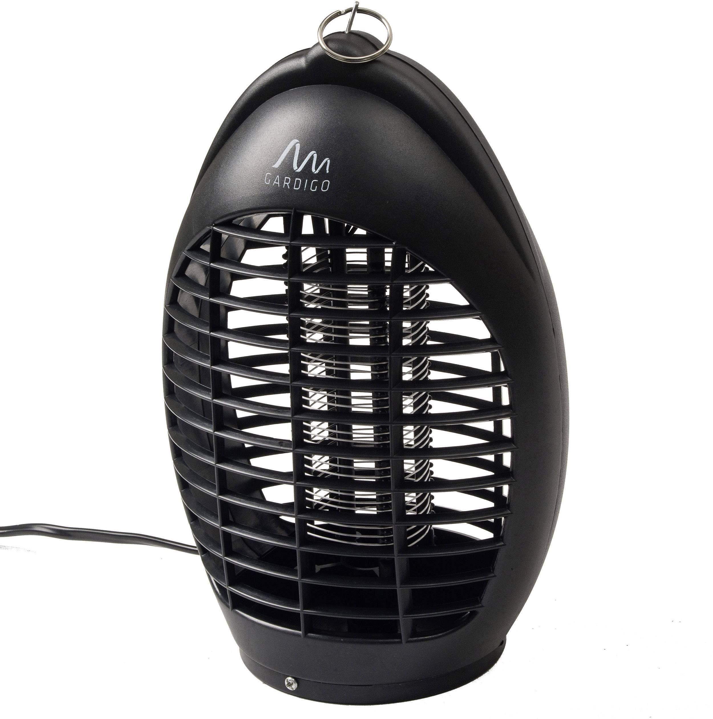 Elektrischer Insektenvernichter in schwarzem Gehäuse, geeignet für den Innenbereich. Vertikale Gitter schützen vor Kontakt mit dem Strom.<br><br>