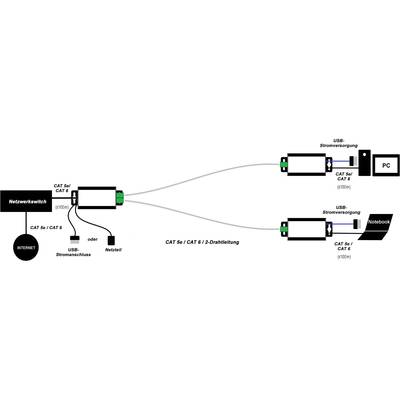 Netzwerkschema: Ein Netzwerkswitch verbindet über CAT 5e/6 Kabel zwei Geräte, einen PC und ein Notebook, mit Stromversorgung über USB.