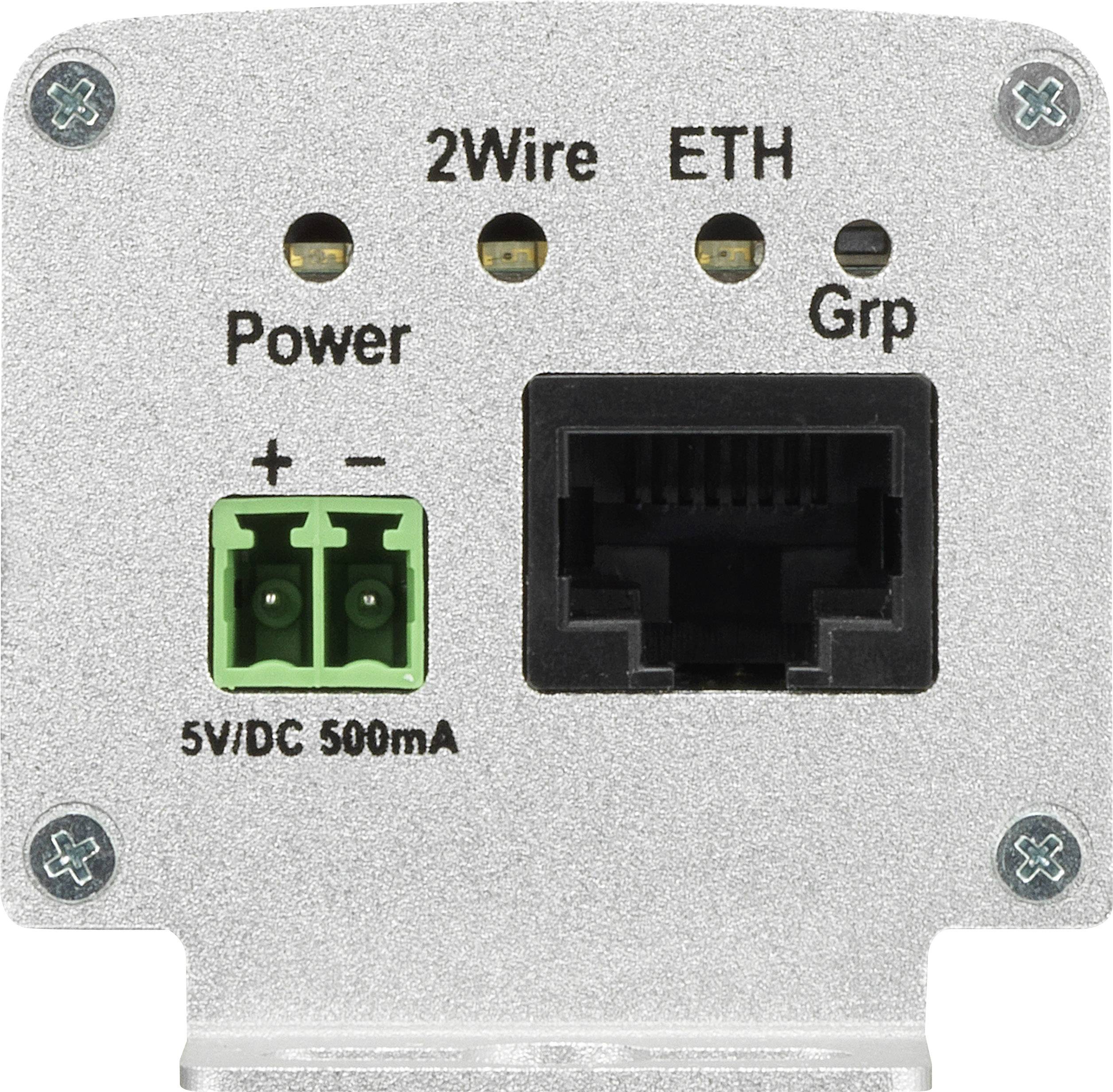 'Metallplatte mit Anschlüssen: 2Wire, ETH, Power (+/-), Grp. Text: 5V/DC 500mA. Enthält Ethernet- und Stromanschlüsse.'