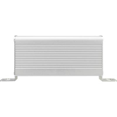 Ein rechteckiges Aluminiumgehäuse mit Rillen und Befestigungslaschen an den unteren Ecken, verwendet für elektronische Bauteile.