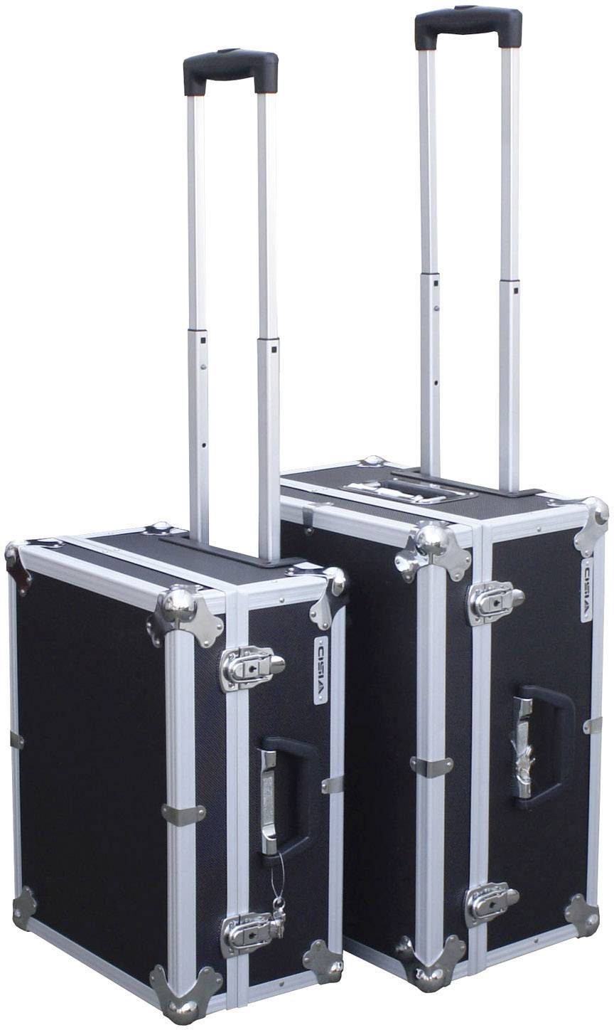 Schwarze Transportkoffer mit silbernen Metallrahmen und ausziehbaren Griffen, geeignet für den sicheren Transport von Ausrüstung.