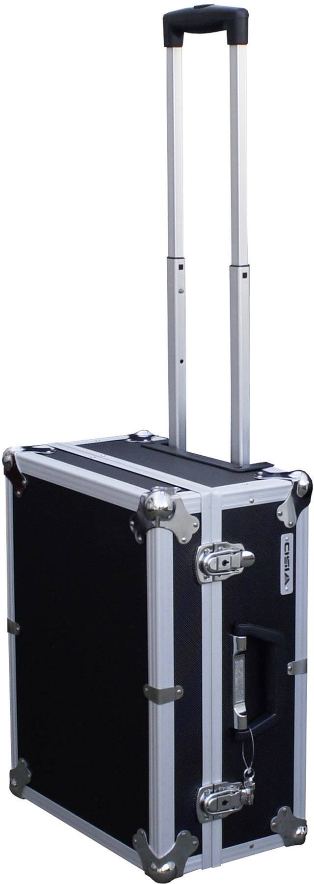 Ein schwarzer, stabiler Trolley-Koffer mit Aluminiumrahmen, zwei Schlössern und ausziehbarem Griff.