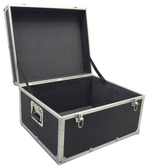 Ein offener, schwarzer Transportkoffer mit Metallrahmen und Griffen, geeignet für den sicheren Transport von empfindlichem Equipment.