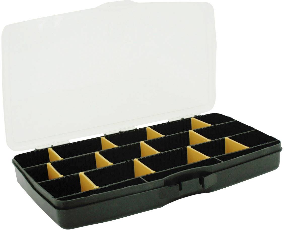Eine geöffnete schwarze Aufbewahrungsbox mit einem durchsichtigen Deckel, enthält gelbe Trennwände und 15 Fächer zur Organisierung.