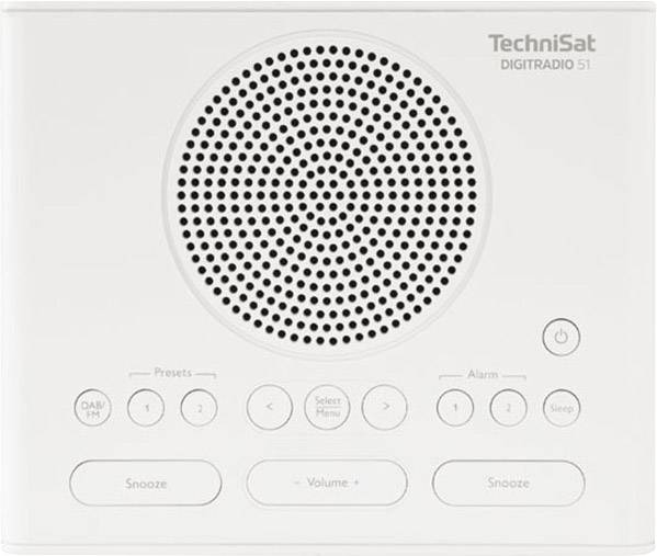 Ein weißes Digitalradio von TechniSat mit rundem Lautsprecher in der Mitte, mehreren Steuerungsknöpfen darunter und Prägung 'TechniSat DIGITRADIO 51' oben rechts.