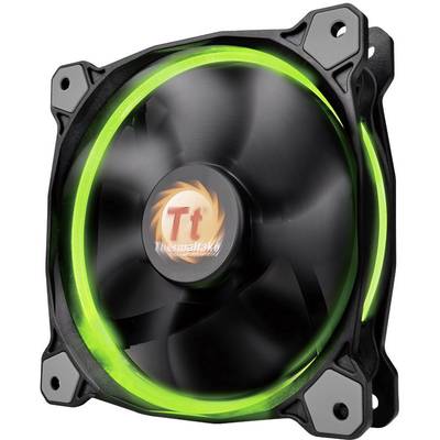 Ein Computerlüfter mit grünem LED-Lichtring und schwarzem Rahmen. Das Logo 'Thermaltake' ist in der Mitte des Lüfters sichtbar.