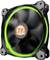 Ein Computerlüfter mit grünem LED-Lichtring und schwarzem Rahmen. Das Logo 'Thermaltake' ist in der Mitte des Lüfters sichtbar.