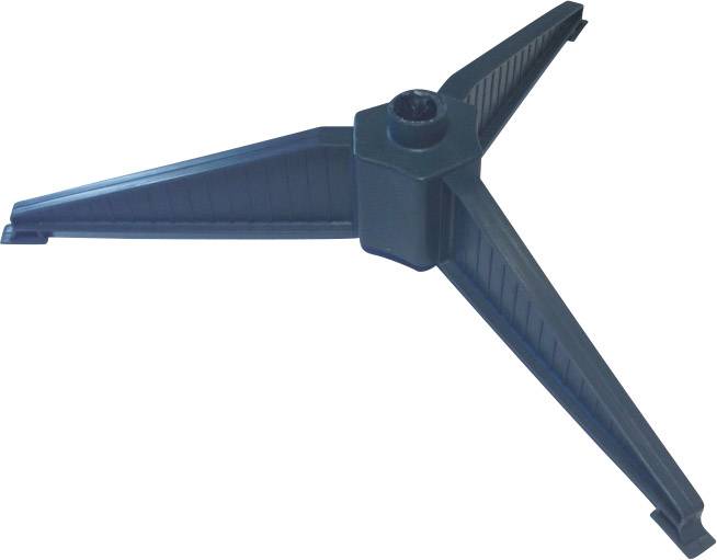 'Schwarzes dreibeiniges Stativ, ausgeklappt, aus Kunststoff. Geeignet zur Unterstützung oder Befestigung von Geräten wie Kameras oder Mikrofonen.'