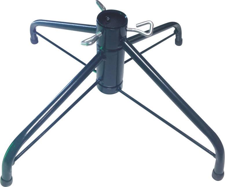 Eine schwarze, metallene Baumhalterung mit vier Beinen, die symmetrisch aus der Mitte herausragen und Stabilität bieten.