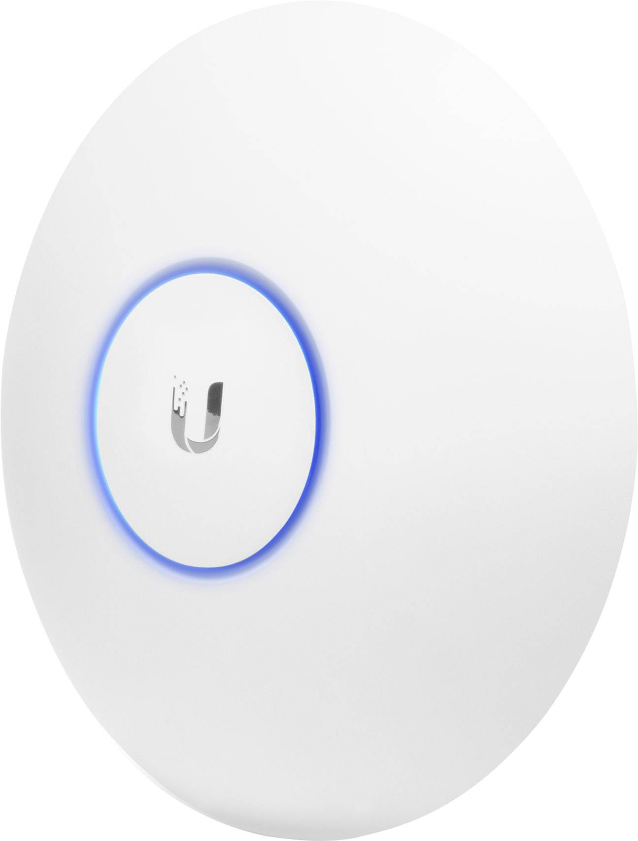 Ein runder, weißer WLAN-Access-Point mit blauem LED-Ring und Ubiquiti-Logo in der Mitte.