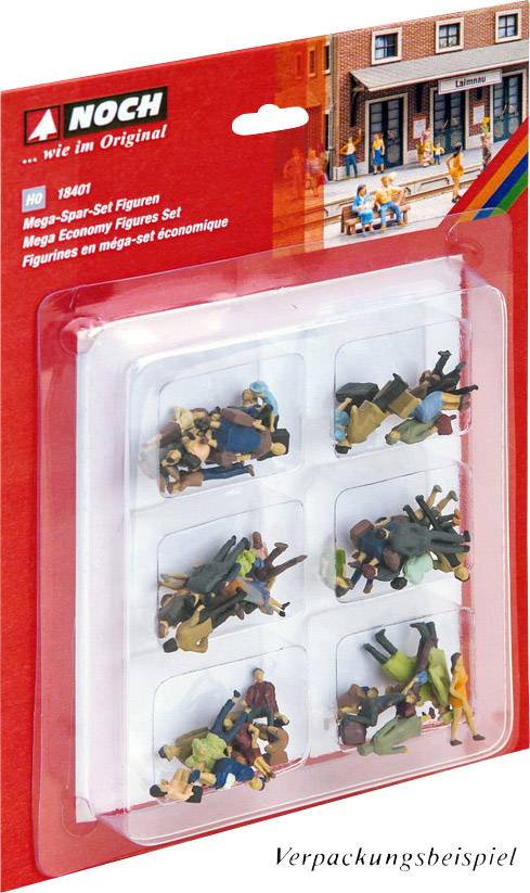 Verpackung mit Miniaturfiguren für Modelleisenbahnen, verschiedene Posen und Kleidung, rote Verpackung mit Bild von Stadtszene.
