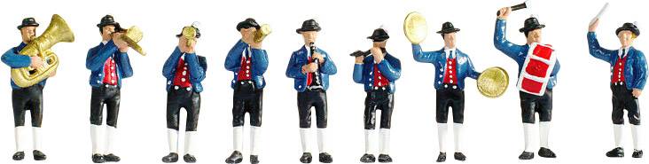 Eine Gruppe von acht Miniaturfiguren in traditioneller bayerischer Tracht spielt verschiedene Musikinstrumente, darunter Tuba, Trompete, Flöte, Becken und Trommel.