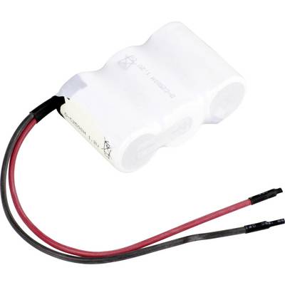 Ein weißer, zylindrischer Akku mit roten und schwarzen Anschlüssen, geeignet für elektronische Geräte.