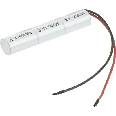 Ein zylindrischer Akku mit drei Zellen in Reihe, Beschriftung 'DC 900mAh 12V', verbunden mit roten und schwarzen Drähten.