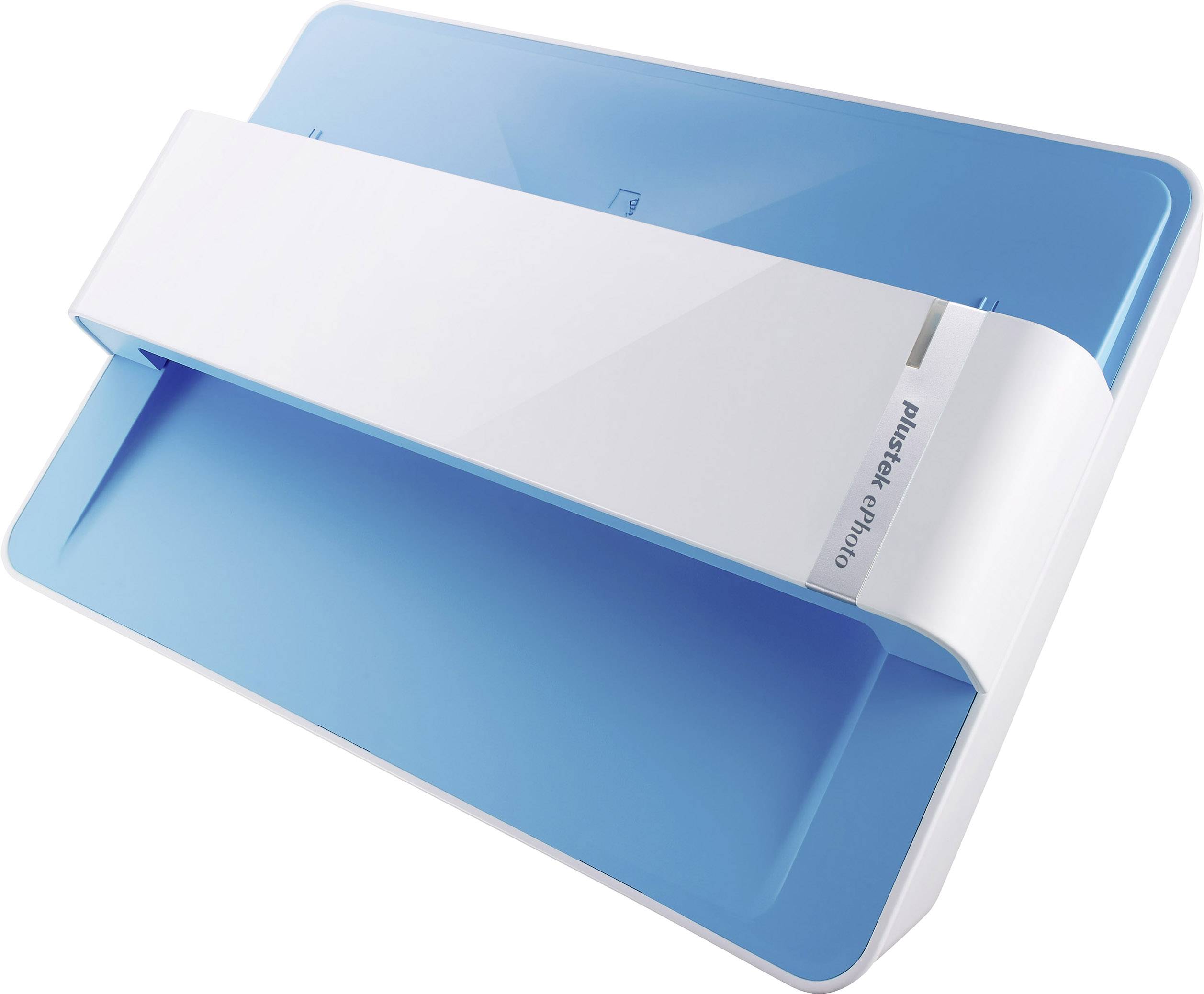 Ein weiß-blauer Scanner mit flachem Design, hauptsächlich für Dokumenten- und Fotodigitalisierung benutzt.