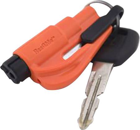 Ein orangefarbenes Notfallwerkzeug mit Autoschlüssel, verwendet zum Zerbrechen von Fenstern und zum Schneiden von Sicherheitsgurten.