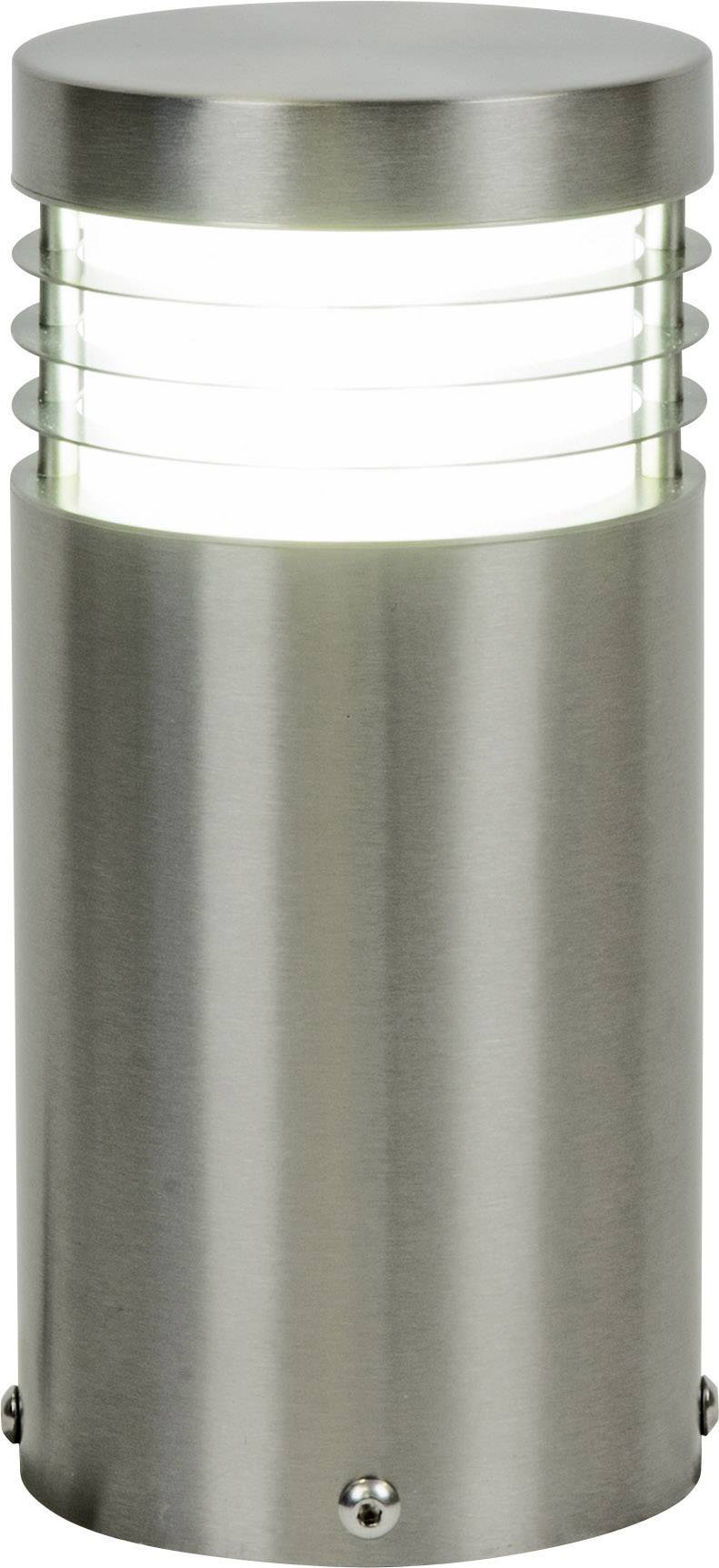 Eine silberne Außenleuchte aus Metall zylinderförmig, mit Lichtstreifen in der Mitte. Geeignet für Garten- oder Wegbeleuchtung.