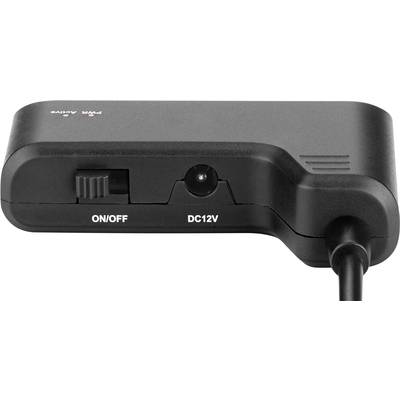Schwarz-graues Gerät mit Schalter für 'ON/OFF' und 'DC12V'-Anschluss, möglicherweise ein Netzadapter oder Ladegerät.