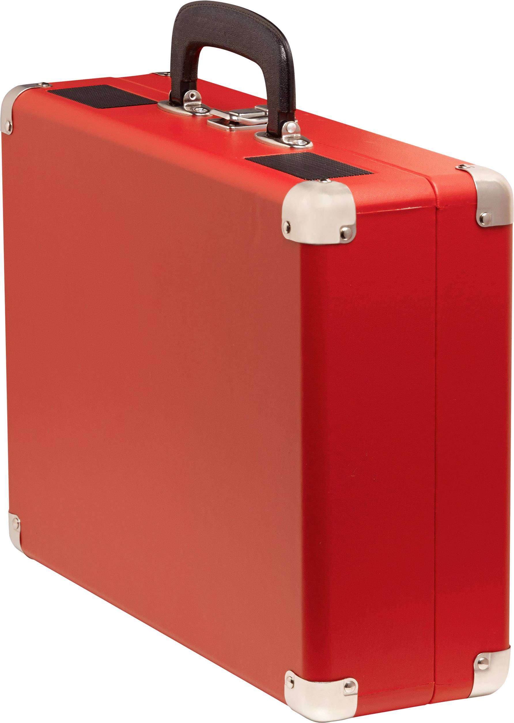 Ein roter Koffer mit schwarzem Griff, verstärkten Ecken und silbernen Metallecken.