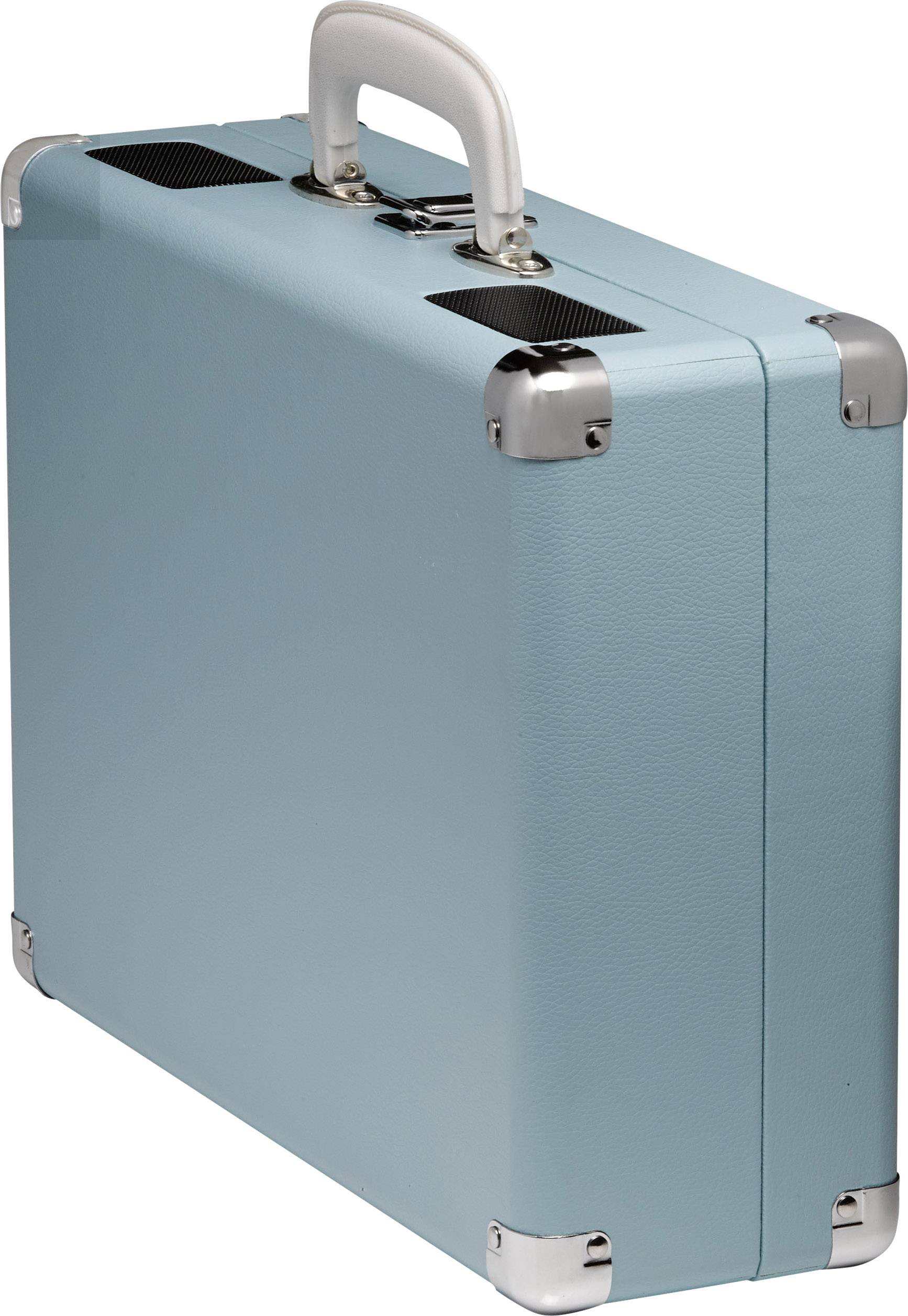 Ein hellblauer Koffer mit silbernen Eckverstärkungen und einem Griff.