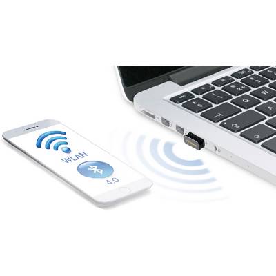 Smartphone mit WLAN- und Bluetooth-Symbol neben einem Laptop mit USB-Dongle. Verbindungsillustration zwischen Geräten.