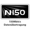 Logo mit der Aufschrift 'N150', darunter der Text '150Mbit/s Datenübertragung' vor einem Hintergrund mit schwarzen Streifen.