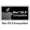 Bild eines Logos mit dem Text 'Mac OS X kompatibel' auf schwarzem Hintergrund mit einem grauen Apple-Logo.