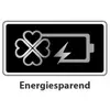 Ein Kleeblatt und ein Blitzpfeil neben einem Batteriesymbol, darunter das Wort 'Energiesparend'. Symbolisiert Energieeffizienz.