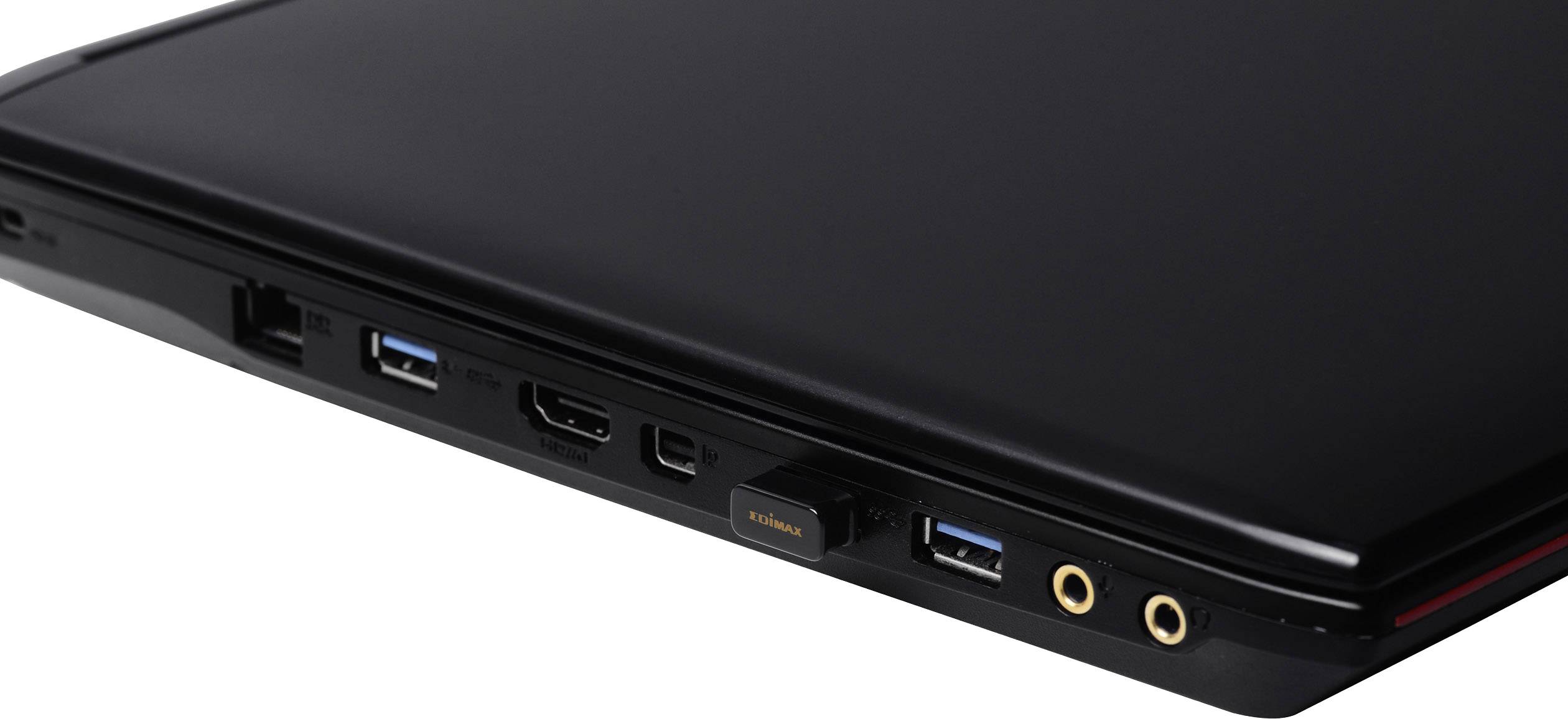 Schwarzer Laptop mit mehreren Anschlüssen an der Seite, darunter USB-, HDMI- und Audioanschlüsse.