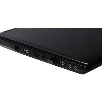 Schwarzer Laptop mit mehreren Anschlüssen an der Seite, darunter USB-, HDMI- und Audioanschlüsse.