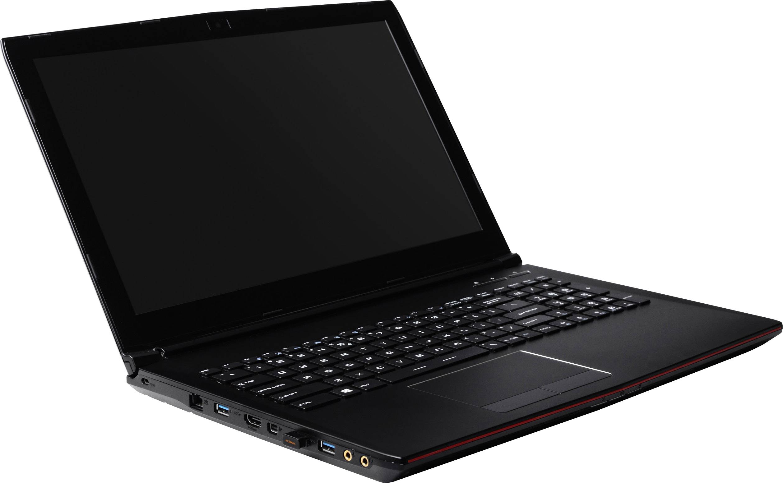 Ein schwarzer Laptop mit geöffnetem Bildschirm, beleuchteter Tastatur und mehreren Anschlüssen auf der linken Seite.