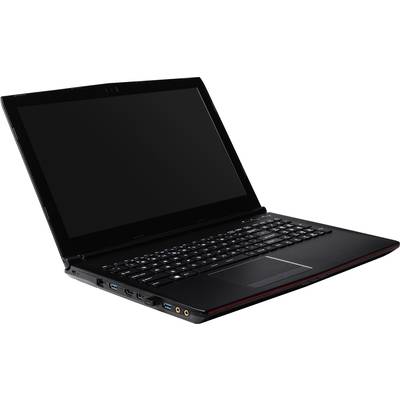 Ein schwarzer Laptop mit geöffnetem Bildschirm, beleuchteter Tastatur und mehreren Anschlüssen auf der linken Seite.
