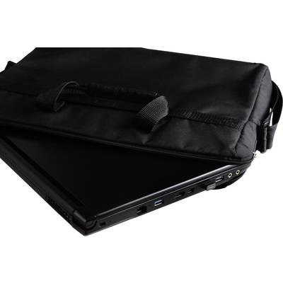 Ein schwarzer Laptop ragt teilweise aus einer schwarzen Laptoptasche heraus, die oben einen Tragegriff und Schulterriemen hat.